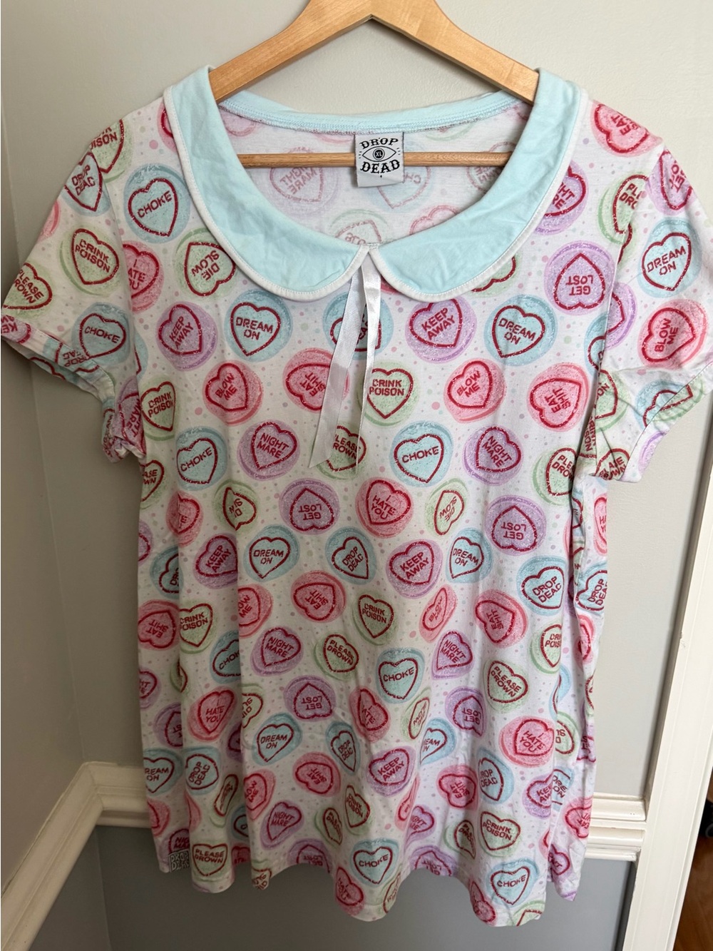 Vintage Drop Dead  Candy Heart Baby Doll Top with Peter Pan Collar Size XL